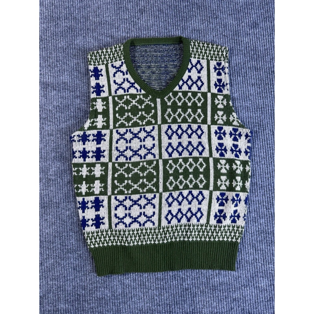 Vintage‎ Green Blue White Geometric Patterned Knit Sleeveless Sweater Vest Women